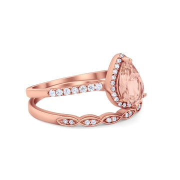 Art Deco Teardrop Piece Wedding Bridal Ring Rose Tone, Simulated Morganite CZ 925 Sterling Silver